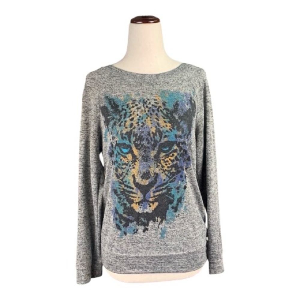 Hybrid Apparel Heather Gray Sweater Sweatshirt Leopard Graphic Design Size Med